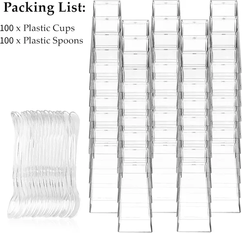 Miniatura 3 de TOFLEN Paquete de 100 mini tazas cuadradas de postre de 3 onzas con cucharas de plástico transparente para fiestas, yogur, parfait, pastel de queso
