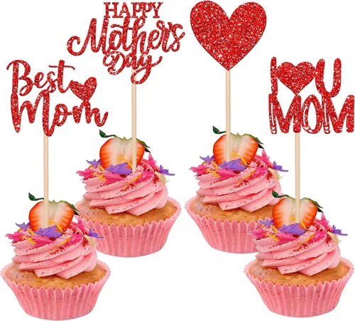 Miniatura 18 de Rsstarxi 1 paquete de decoración para pastel con flores de purpurina con doble corazón Love Mom Best Mom Best Mom Cake Pick Decoraciones para feliz