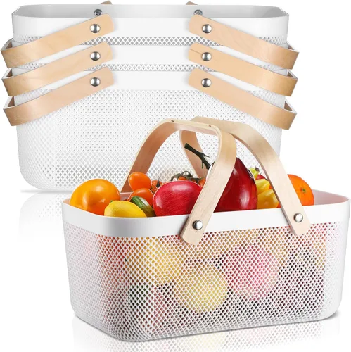 Miniatura 11 de Sadnyy 4 cestas de almacenamiento de malla de plástico para cosecha de jardín con mango de madera, contenedor de malla multifuncional para gabinete
