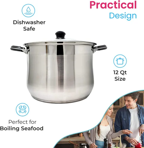 Miniatura 5 de Olla profesional de acero inoxidable para sopa, caldo y pasta con tapa de vidrio, base encapsulada, capacidad de inducción de gas, tamaño de 12