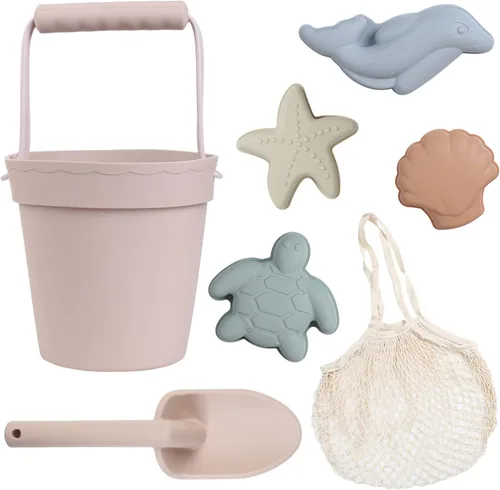 BLUE GINKGO Juguetes modernos para bebés, juego de playa apto para viajes, cubo de silicona, pala, 4 moldes de arena, bolsa, juguetes de arena para