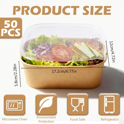Miniatura 2 de Paquete de 50 cuencos de papel kraft desechables de 25 onzas con tapas, recipientes rectangulares de papel para alimentos, recipientes
