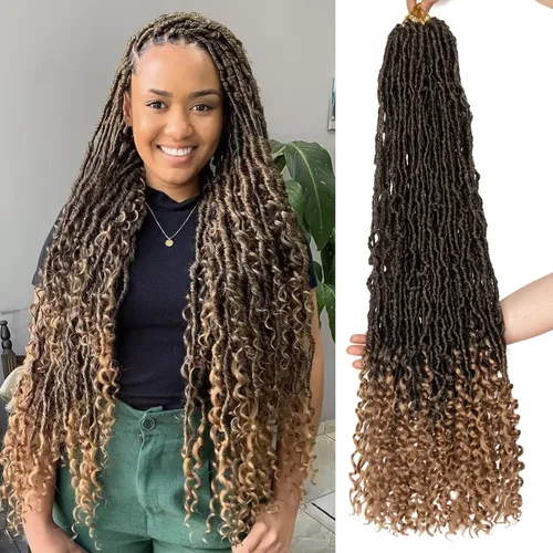 Miniatura 11 de Leeven 7 paquetes de rastas sintéticas con extremos rizados de 18 pulgadas, rastas de diosa preenrolladas para cabello de ganchillo, 84 hebras 1b#