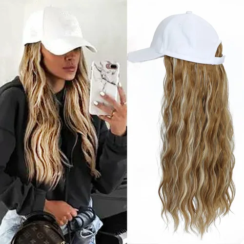 Miniatura 20 de Gorra de béisbol con peluca de cabello largo ondulado natural, con gorra, resistente al calor, mezcla sintética marrón rubio, fibras ajustables