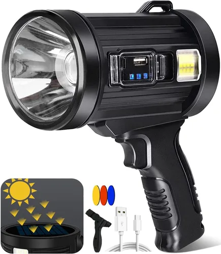 Foco Reflector de 1000000 Lúmenes, 6 Modos Linterna LED Recargable Como Se Ve en TV con Trípode, 3 Filtros de Color, Luces Solares Super Brillantes