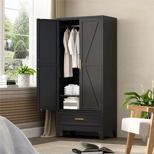 COFaR 71 Armario de metal con barra para colgar, 2 puertas de granero, estantes ajustables, armario de acero con cajón para el hogar, dormitorio,
