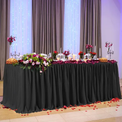 Miniatura 3 de PARTISKY Falda rectangular de poliéster negro, 6 x 72 pulgadas, resistente a las arrugas, con volantes plisados, perfecta para banquetes, bodas