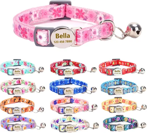 Miniatura 13 de Collar de gato con nombre de identificación, placa de número de teléfono, patrón floral grabado personalizado, collar de gatito con campana, azul a