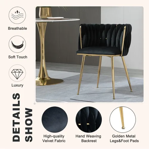 Miniatura 6 de NIOIIKIT Sillas de Comedor Modernas de Terciopelo Sillas de Acento Tejidas a Mano Sillas de Sala de Estar Silla Tapizada con Patas de Metal Dorado