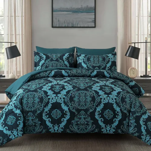 Miniatura 15 de WONGS BEDDING - Juego de edredón negro tamaño full, textura damasco dorado, juego de 7 piezas en una bolsa, de microfibra - 1 edredón, 1 sábana