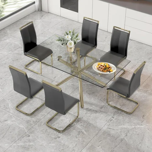 Miniatura 28 de Juego de 8 mesas de comedor de cristal, moderno juego de mesa de comedor de 71 pulgadas con 8 sillas de comedor tapizadas de piel sintética