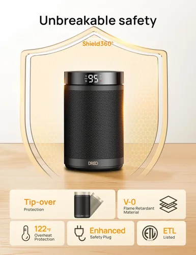 Miniatura 5 de Dreo - Calefactor eléctrico portátil de interior, con termostato, pantalla digital, temporizador 1-12 h, modo ecológico/ventilador, 1500 W PTC, Negro
