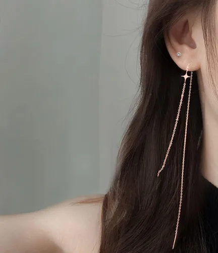 Miniatura 3 de SLUYNZ 925 Sterling Silver Star Long Dangle Earrings Chain for Women Teens Line Dangle Earrings Tassel Threader Chain