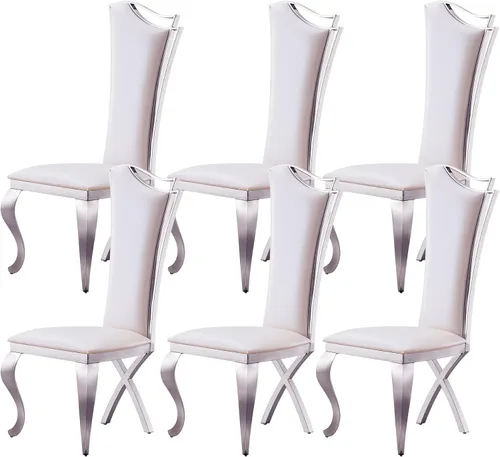 Miniatura 19 de Juego de 6 sillas de comedor modernas tapizadas de cuero con patas de acero inoxidable doradas, sillas de cocina contemporáneas sin brazos con Cuero