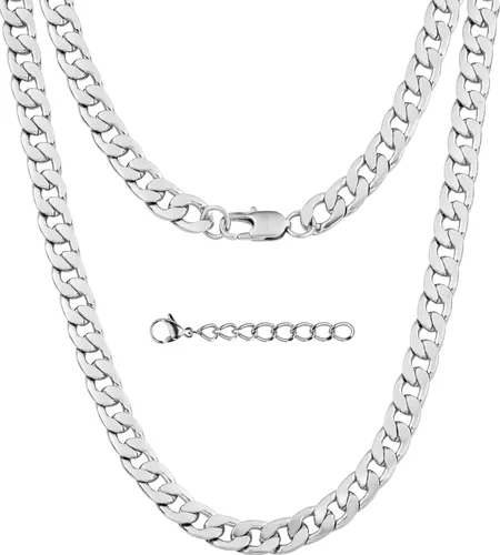 Silvadore Collar de cadena de plata de 0.354 in de grosor para hombre, eslabones cubanos planos de acero inoxidable Miami, joyería de por vida