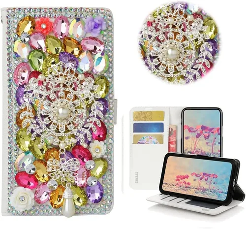 Bling - Funda tipo cartera para teléfono compatible con Samsung Galaxy Z Fold 3 5G, elegante, hecha a mano, atrapasueños con colgante de perlas en