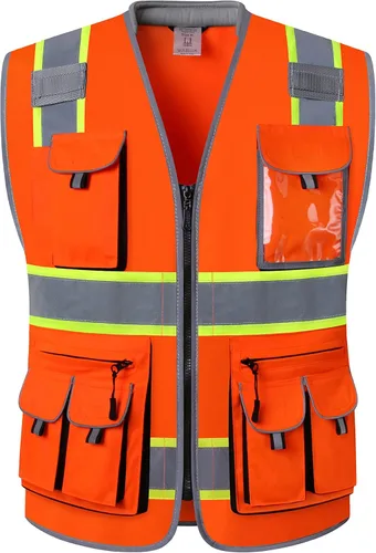 Miniatura 19 de JKSafety Chaleco de seguridad con 10 bolsillos, clase 2, de alta visibilidad, con cremallera frontal amarilla, con tiras reflectantes, cumple