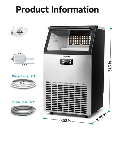 Miniatura 8 de EUHOMY Máquina Comercial de Hielo, Máquina de Hielo de Acero Inoxidable de 100 lbs/24H Bajo Mostrador con Capacidad de Almacenamiento de Hielo de 33
