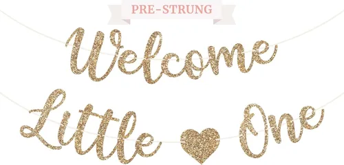 Cartel de bienvenida preencordado con texto en inglés «Welcome Little One», «No hazlo tú mismo» – Cartel dorado con purpurina para fiesta de