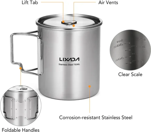 Miniatura 2 de LIXADA Taza para acampar, taza de agua de acero inoxidable de 25.4 fl oz con asas plegables y tapa para acampar al aire libre, senderismo, mochilero