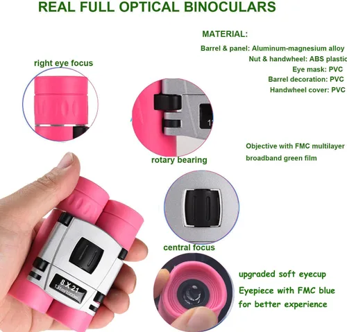 Miniatura 2 de Binoculares compactos de 8 x 21 para adultos y adolescentes, mini prismáticos ópticos completos pequeños para observación de aves, ópera, Rosa