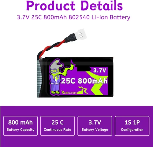 Miniatura 3 de 3.7V 800mAh 25C Molex/XH2.54 Plug 802540 recargable, apto para Q9S Drones Force1 UFO Syma X5 X5SW X5C X5C1 Hengqi 905 Cheerson CX-30 BEZGAR