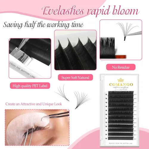 Miniatura 3 de CoMango Easy Fan - Extensiones de pestañas rizadas C/D de 0.05/0.003 in, pestañas de volumen que florecen automáticamente, color negro mate 2D-20D