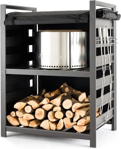 Solo Stove Estación – Estante para leña de aluminio negro de 4.4 pies con cubierta con revestimiento UV, almacenamiento al aire libre de dos