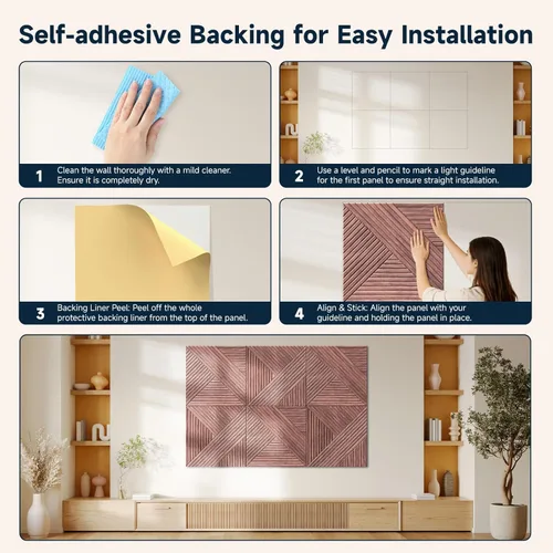 Miniatura 4 de Paneles de pared acústicos, paquete de 6 paneles de 72 x 48 pulgadas con textura de madera 3D, paneles de arte autoadhesivos decorativos
