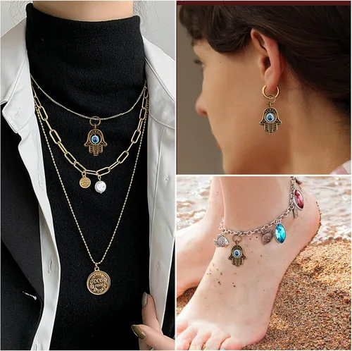 Miniatura 7 de Aylifu Dijes de marco de cuentas de mano de Hamsa, dije de mal de ojo de Hamsa con símbolo de mano de Fátima para bricolaje, collar y pulsera