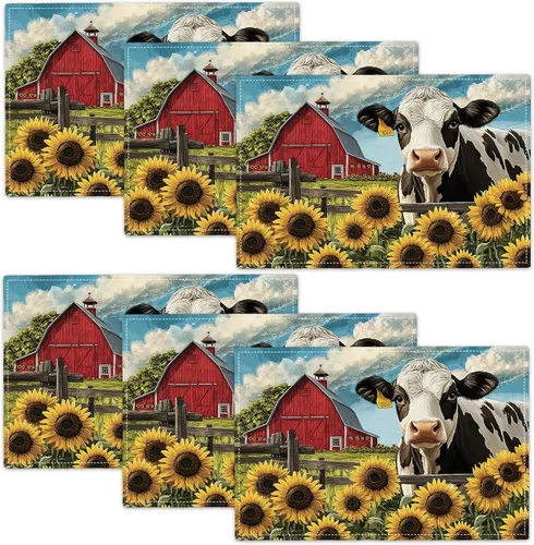 Miniatura 52 de Juego de 6 manteles individuales de girasol de granja, manteles individuales agradecidos bendecidos, manteles individuales rústicos de abeja