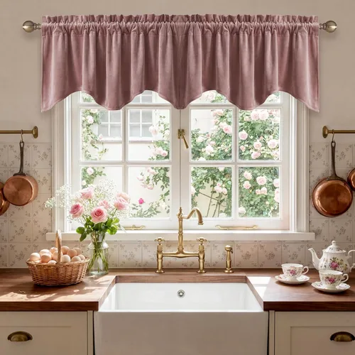 Miniatura 45 de StangH Cortinas decorativas de lujo, cenefa azul con bloqueo de luz, cenefa festoneada para ventana pequeña con bolsillo sólido para barra, cortina