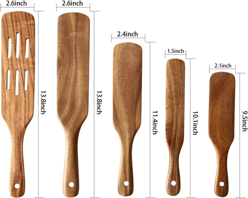 Miniatura 2 de Juego de 6 espátulas de madera para cocinar, juego de 6 espátulas de teca natural con barril de almacenamiento de acero inoxidable, utensilios