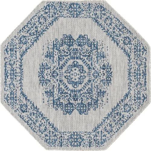 Unique Loom Alfombra de la colección tradicional para exteriores, desgastada durante el tiempo (octágono de 5 pies y 3 pulgadas, azul/gris)