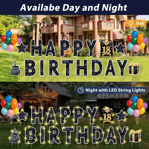 Miniatura 5 de Letrero de feliz cumpleaños con estacas, 18 piezas de letrero negro de feliz cumpleaños con luz LED de 49.2 pies, letrero grande personalizado