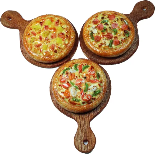 Juego de pizza en miniatura de 3 piezas, pizza en miniatura realista en bandeja de madera, comida para casa de muñecas, escala 1:6, multicolor,