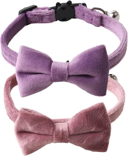 Miniatura 8 de Love Dream Collar de gato con pajarita y campanas, paquete de 2 collares de terciopelo de seguridad para gatitos con pajarita extraíble para gatos