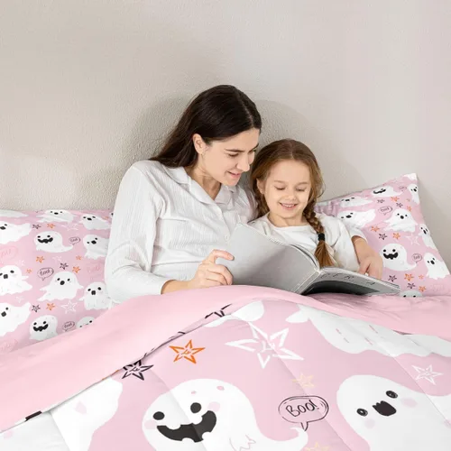 Miniatura 6 de Feelyou Juego de edredón de Halloween, color rosa fantasma, juego de ropa de cama tamaño individual, decoración para niños y niñas, lindo juego