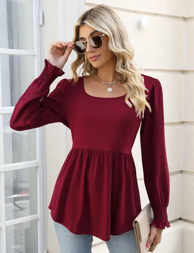 Miniatura 4 de Widmile Blusa de manga abombada para mujer, estilo casual, cuello cuadrado, con estampado floral, con encaje