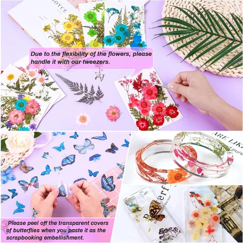 Miniatura 2 de 297 calcomanías de mariposa de flores secas prensadas para resina, flores secas naturales reales, hojas a granel con pinzas para suministros de 297