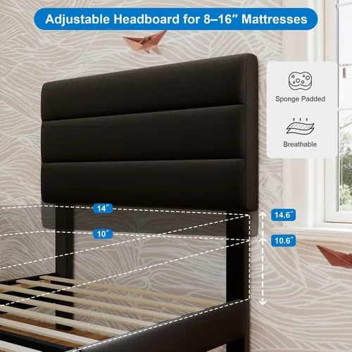 Miniatura 5 de GOLDORO Base de cama de plataforma de tamaño individual con cabecera tapizada, soporte de listones de madera, no necesita somier, fácil montaje