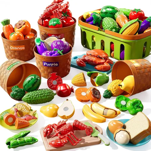 NIPLOOOW Juego de Comida de Juguete para Niños, Juguetes de Aprendizaje para Niños Pequeños, Juego de Clasificación de Colores de Juguete de Cortar
