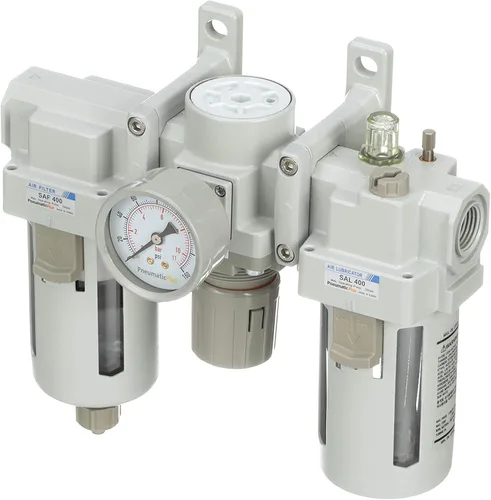 Miniatura 6 de PneumaticPlus SAU400-N04G Filtro de aire comprimido Regulador Lubricador Combo 1/2" NPT - Cuenco de polietileno, drenaje manual, soporte, calibre