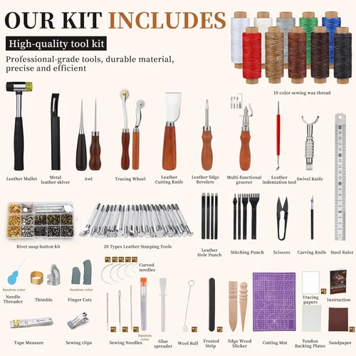 Miniatura 2 de SHWAKK Herramientas de trabajo de cuero, kit de herramientas de cuero todo en uno, kit completo de LeatherCraft con bolsa de almacenamiento