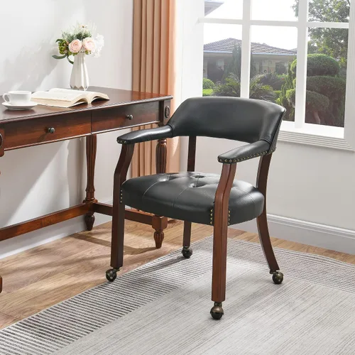 Miniatura 23 de Sillas de comedor con ruedas y brazo, sillas de capitán Caster Boss con patas de madera maciza, sillas de escritorio de oficina con botón tapizado