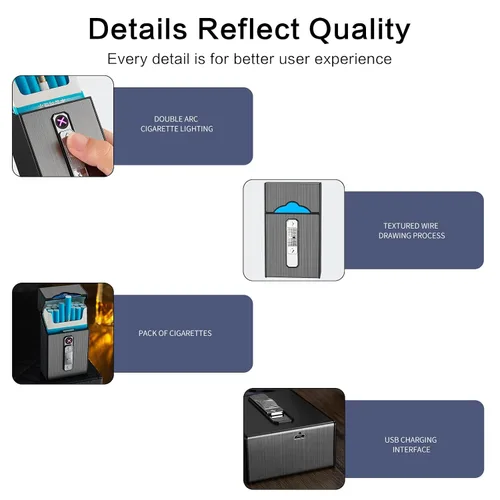 Miniatura 2 de Caja de cigarrillos de aluminio con encendedor eléctrico, encendedor USB recargable, regalo para mujeres, hombres, padre, madre (negro)