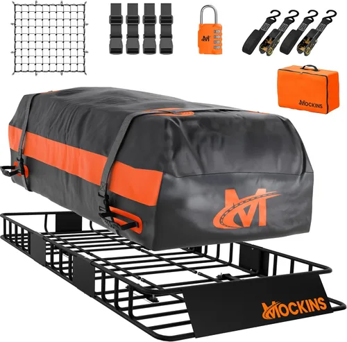Mockins Portaequipajes de techo de acero de 64 x 39 x 6 pulgadas para la parte superior del vehículo y bolsa de carga impermeable de 20 pies cúbicos