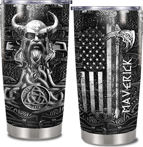 Vaso vikingo personalizado estilo bandera de Estados Unidos, nombre personalizado, doble pared aislada al vacío, taza de 20 onzas, 30 onzas con