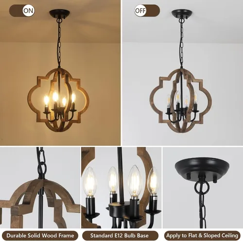 Miniatura 5 de Lámparas de araña de granja, lámparas de 4 luces para comedor sobre la mesa, lámparas de araña de madera maciza para comedor, lámparas rústicas