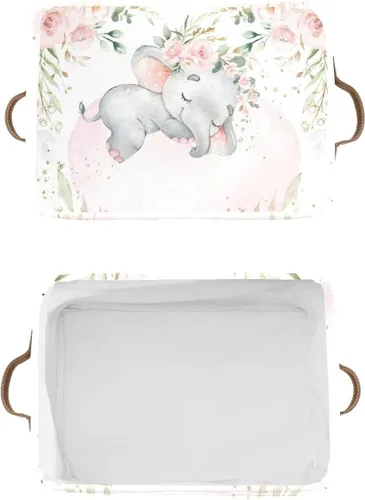 Miniatura 3 de Cesta de almacenamiento personalizada con diseño de elefante y flores rosas con nombre, caja de almacenamiento grande con asas para el hogar